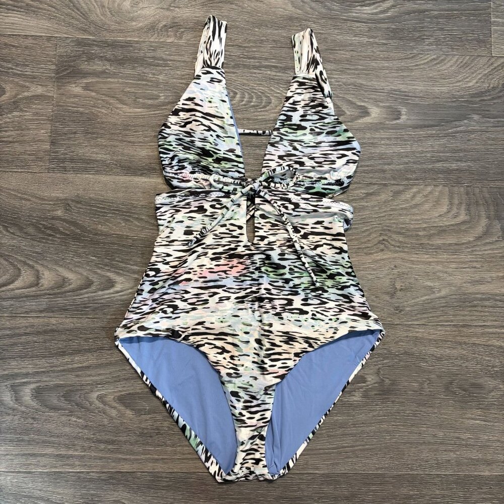 BECCA One Piece Swim Small Animal Instincts Cut Out Bathing Suit Leopard Print